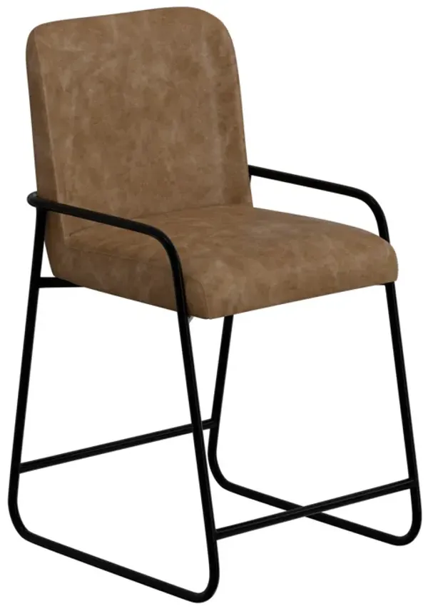 Suze Counter Height Chair, Arched Back, Black, Cognac Brown Faux Leather - Benzara