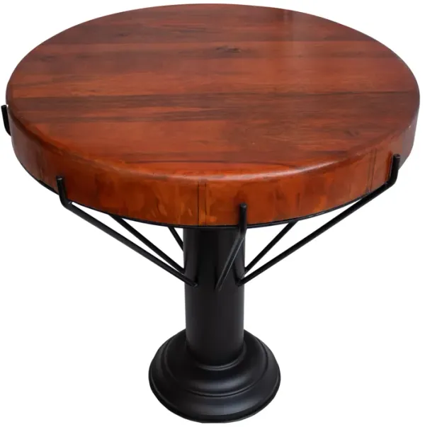 26 Inch Handcrafted Round Side End Table, Thick Mango Wood Top, Black Iron Pedestal Base-Benzara