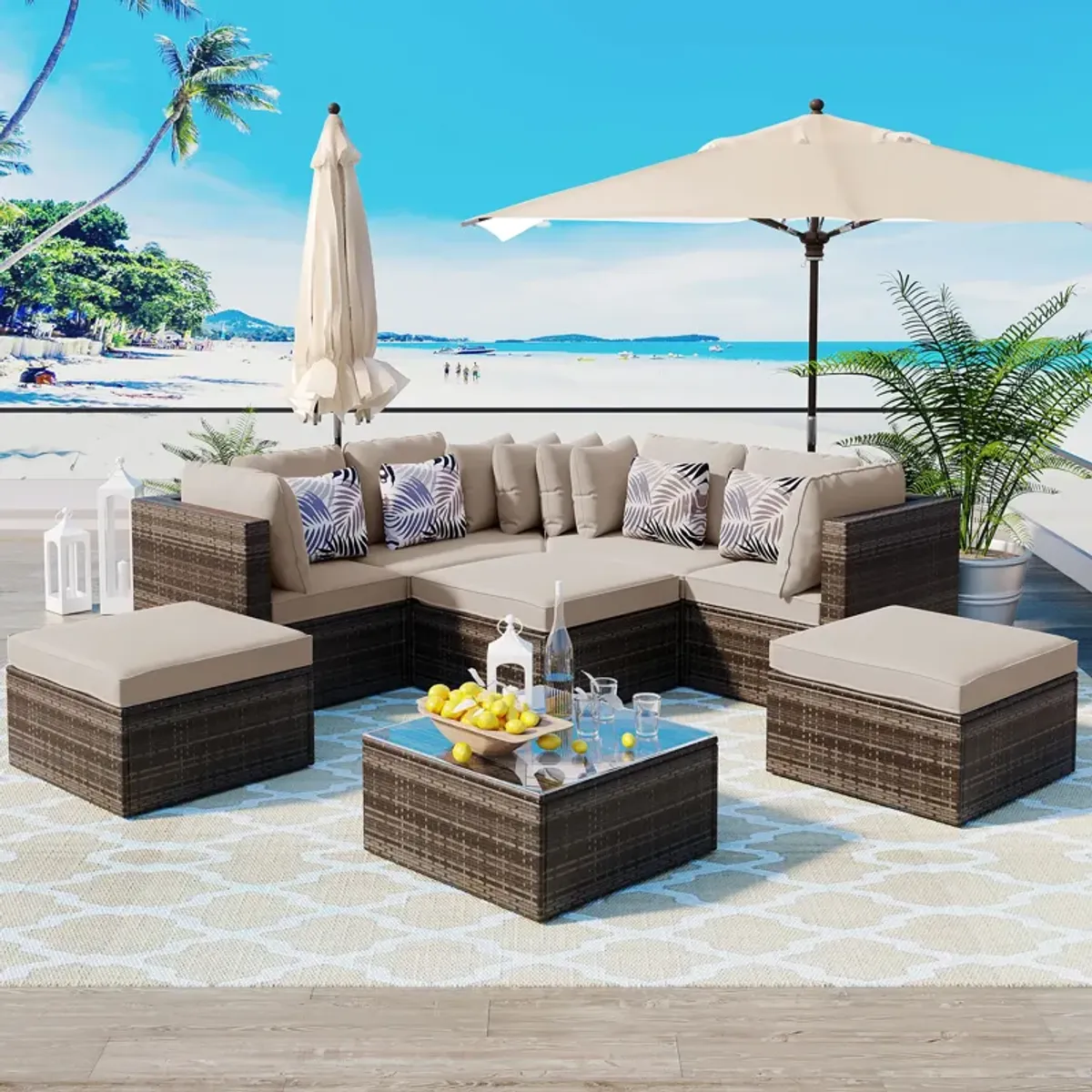 Merax 8-piece Outdoor Wicker Sofa Lounger Set