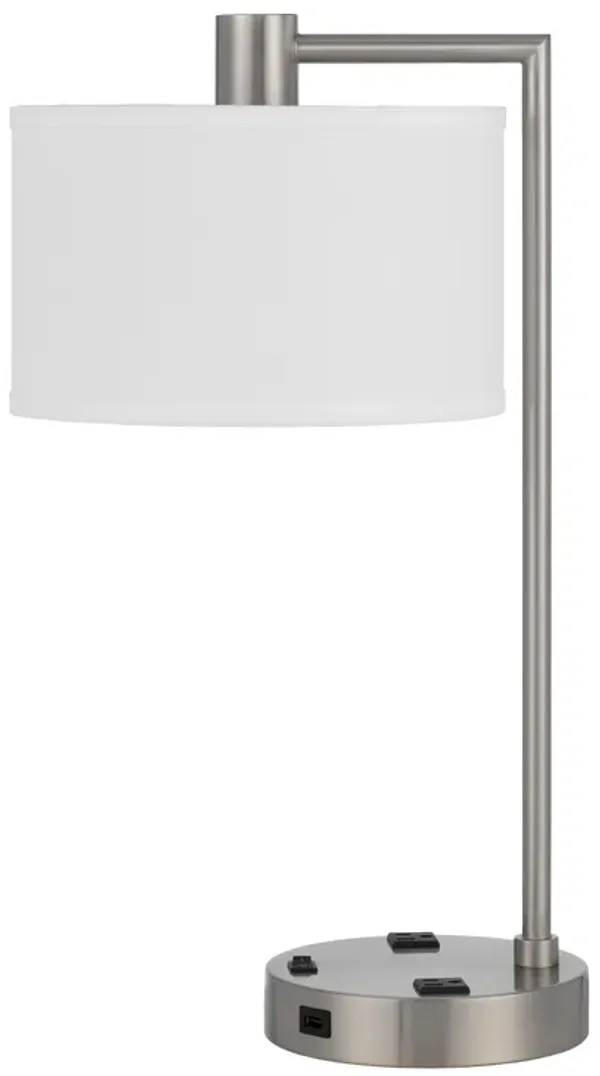 Ano Table Lamp, 2 Outlets, 1 USB, White Shade, Chrome Metal 22 Inch - Benzara