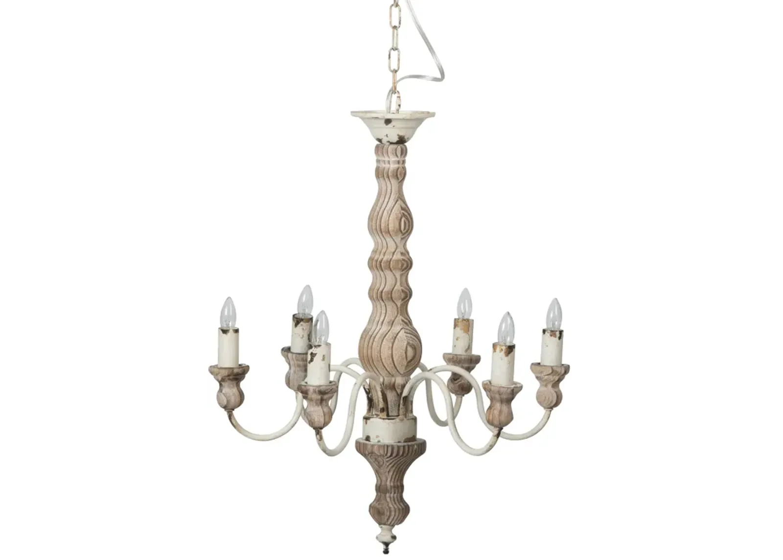 Kol 22 Inch Traditional 6 Light Chandelier, Fir Wood, Iron, Antique White-Benzara