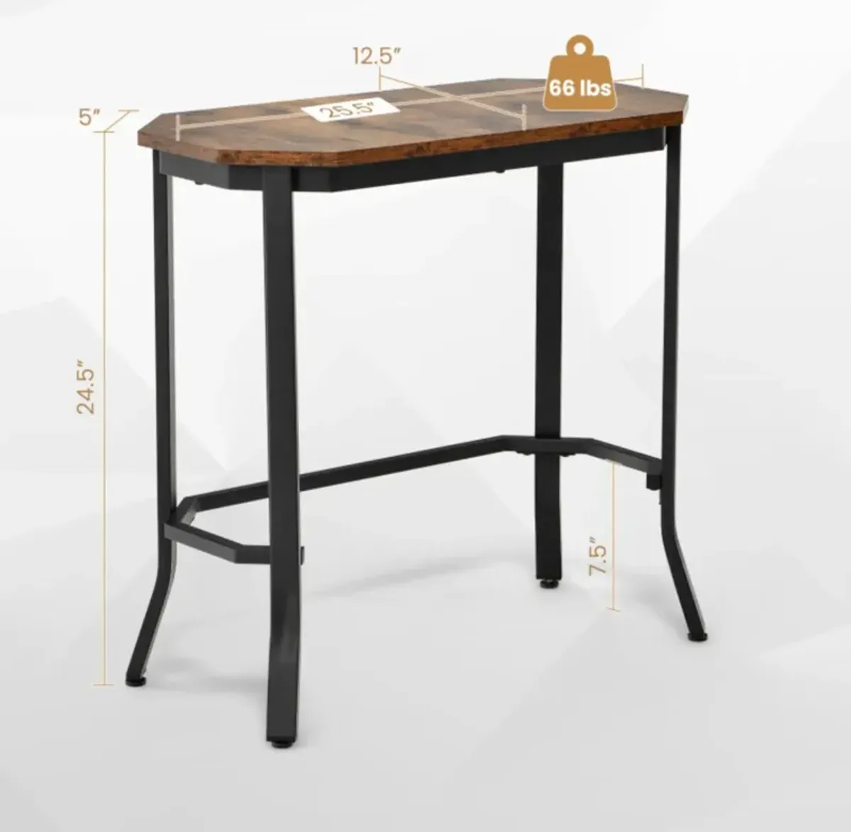 Hivvago Narrow End Table with Rustic Wood Grain and Stable Steel Frame