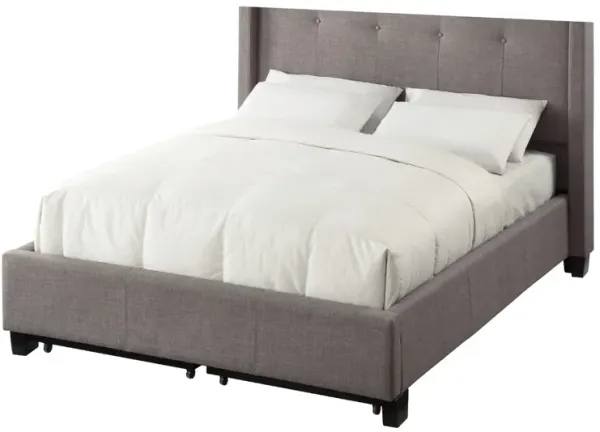 Adams Low Profile Queen Bed, Tufted Linen, Wide Storage, Gray - Benzara