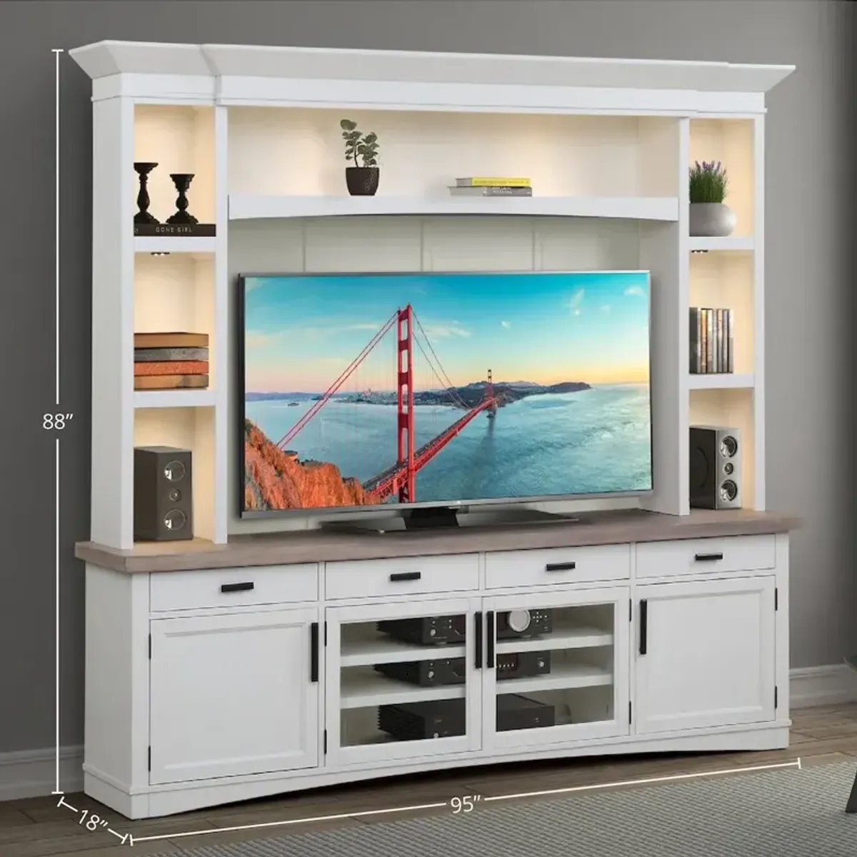 Parker House Furniture Cotton 92 In. TV Console with Hutch and LED Lights