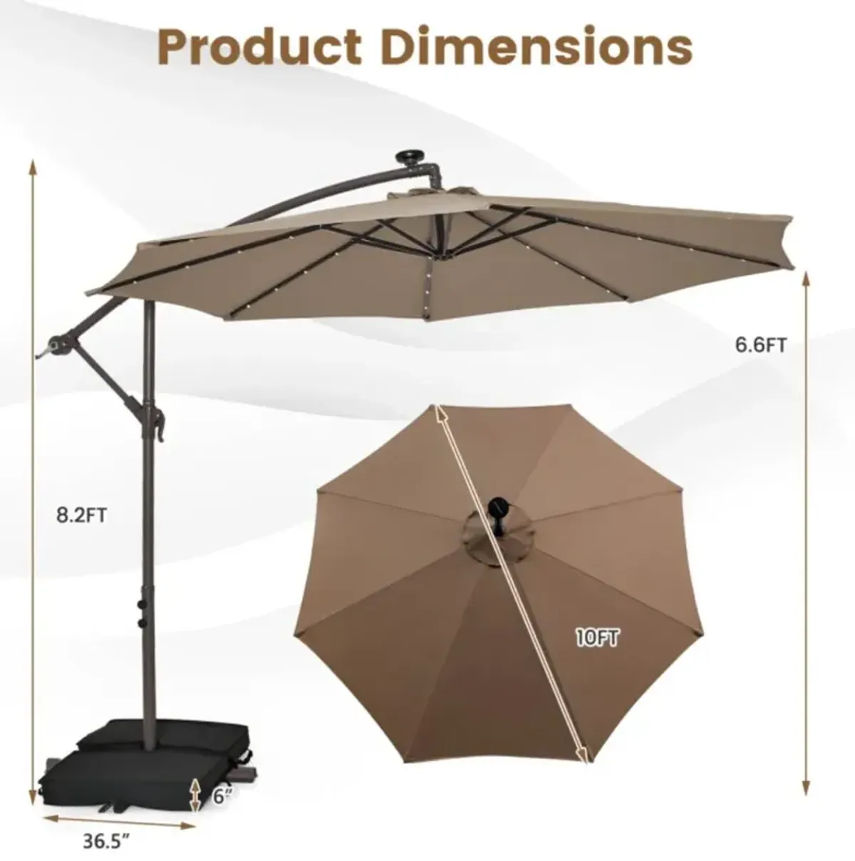 Hivvago 10 Feet Cantilever Umbrella with 32 LED Lights and Solar Panel Batteries