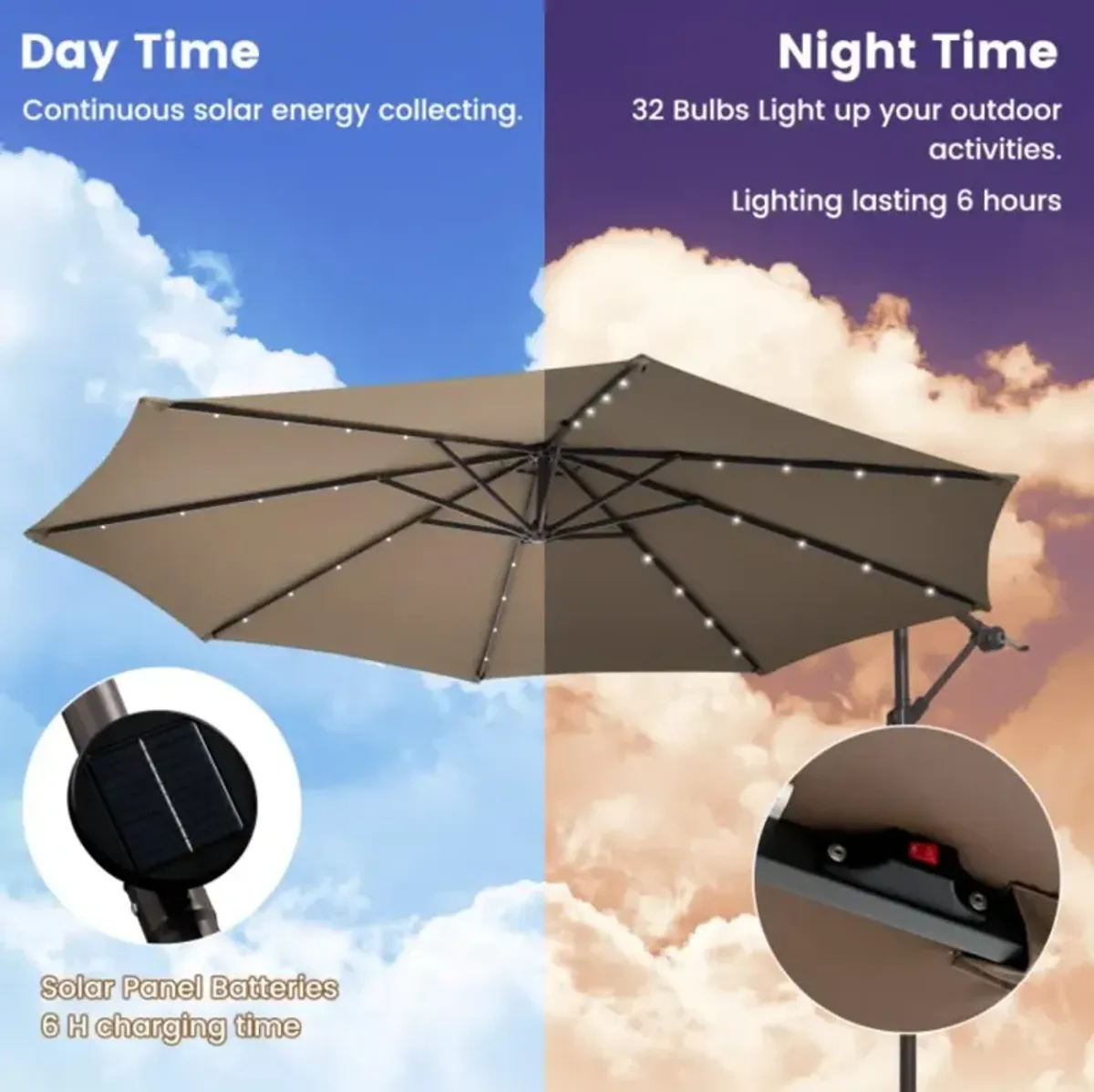 Hivvago 10 Feet Cantilever Umbrella with 32 LED Lights and Solar Panel Batteries