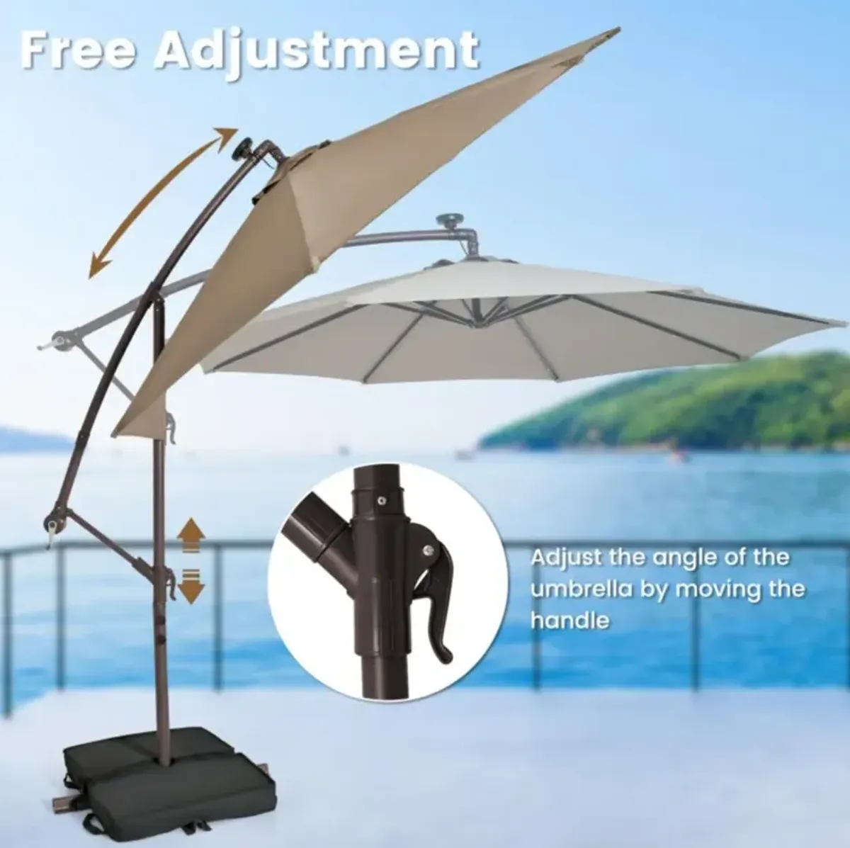 Hivvago 10 Feet Cantilever Umbrella with 32 LED Lights and Solar Panel Batteries