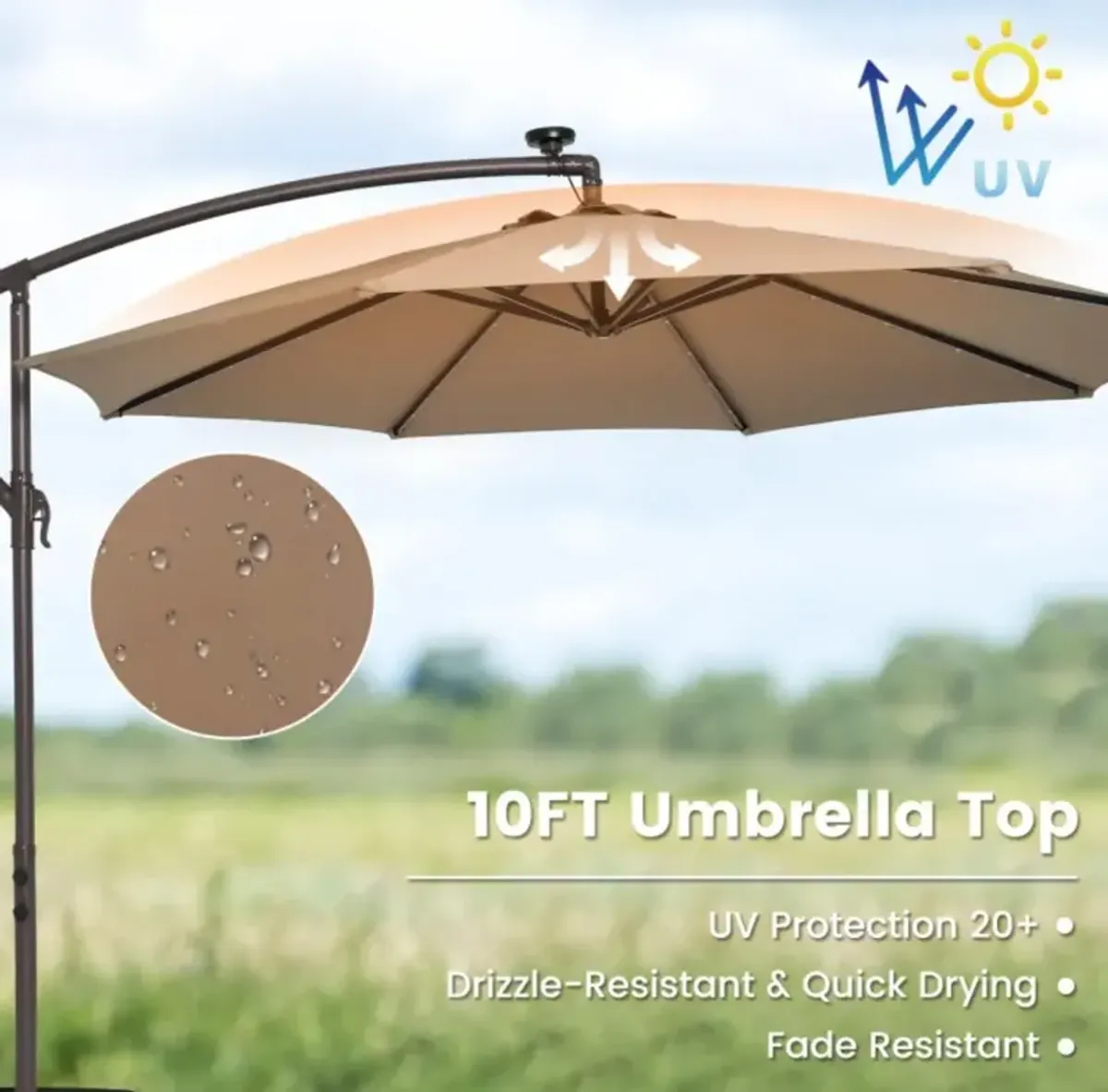 Hivvago 10 Feet Cantilever Umbrella with 32 LED Lights and Solar Panel Batteries