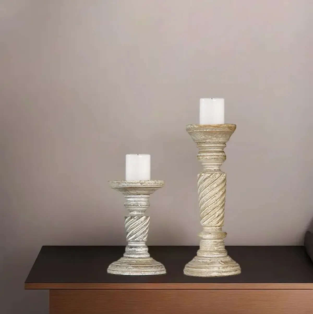 BBH Homes Traditional Antique White Eco-friendly Handmade Mango Wood Set Of Two 6" & 9" Pillar Candle Holder