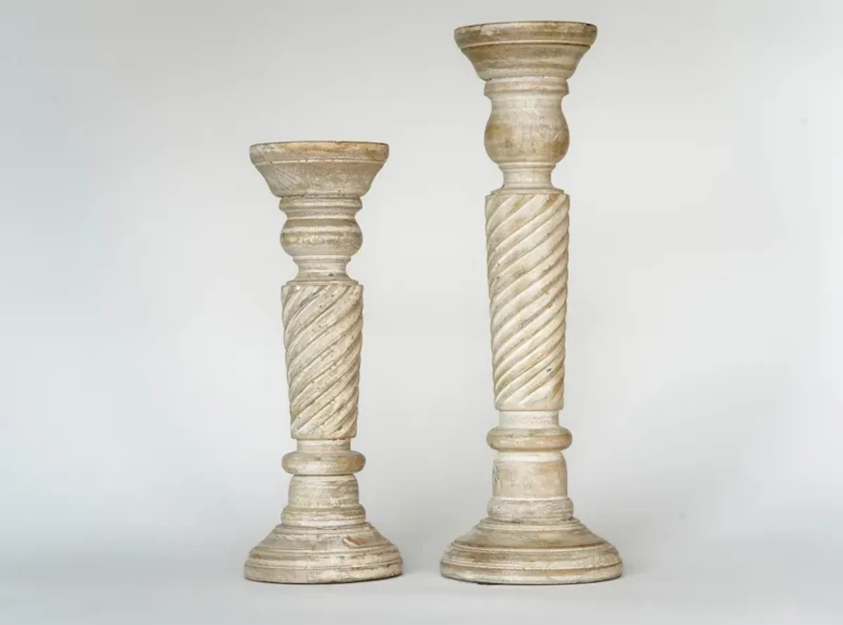 BBH Homes Traditional Antique White Eco-friendly Handmade Mango Wood Set Of Two 6" & 9" Pillar Candle Holder