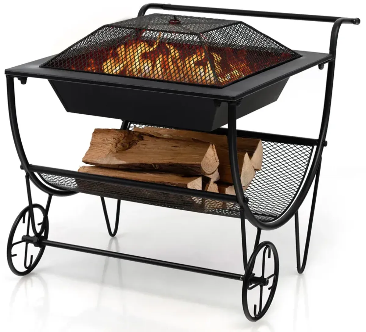 Outdoor Wood Burning Fire Pit with Log Storage Rack and Wheels