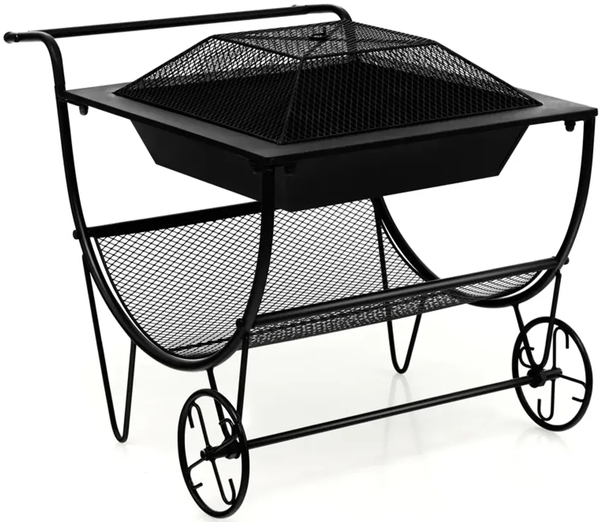 Outdoor Wood Burning Fire Pit with Log Storage Rack and Wheels