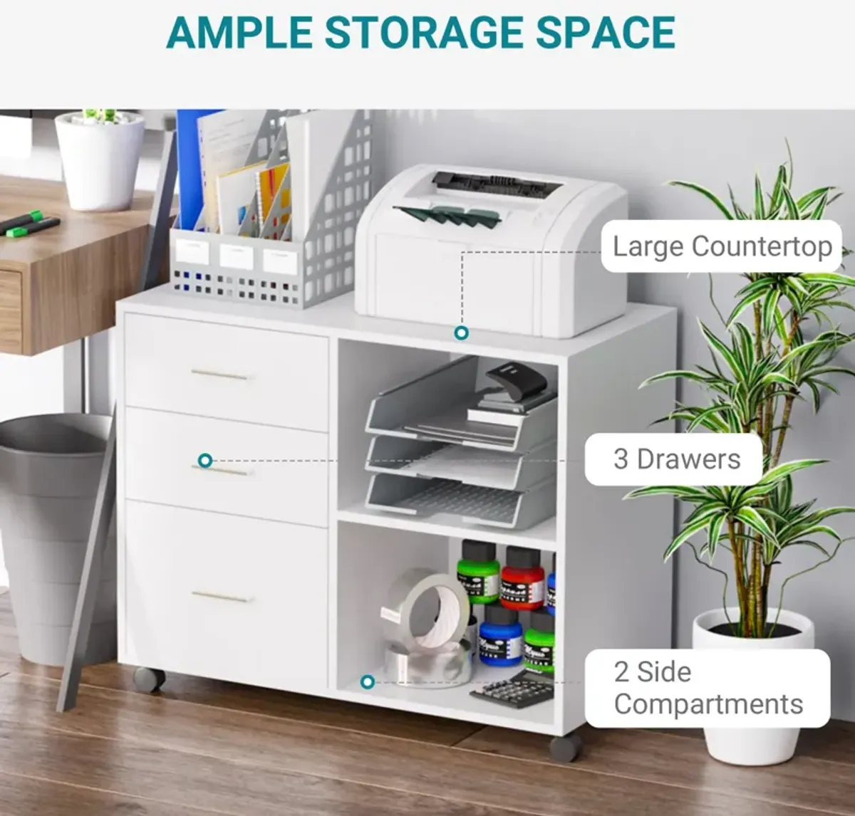 White Printer Organizer: Mobile Stand with Lateral File Cabinet