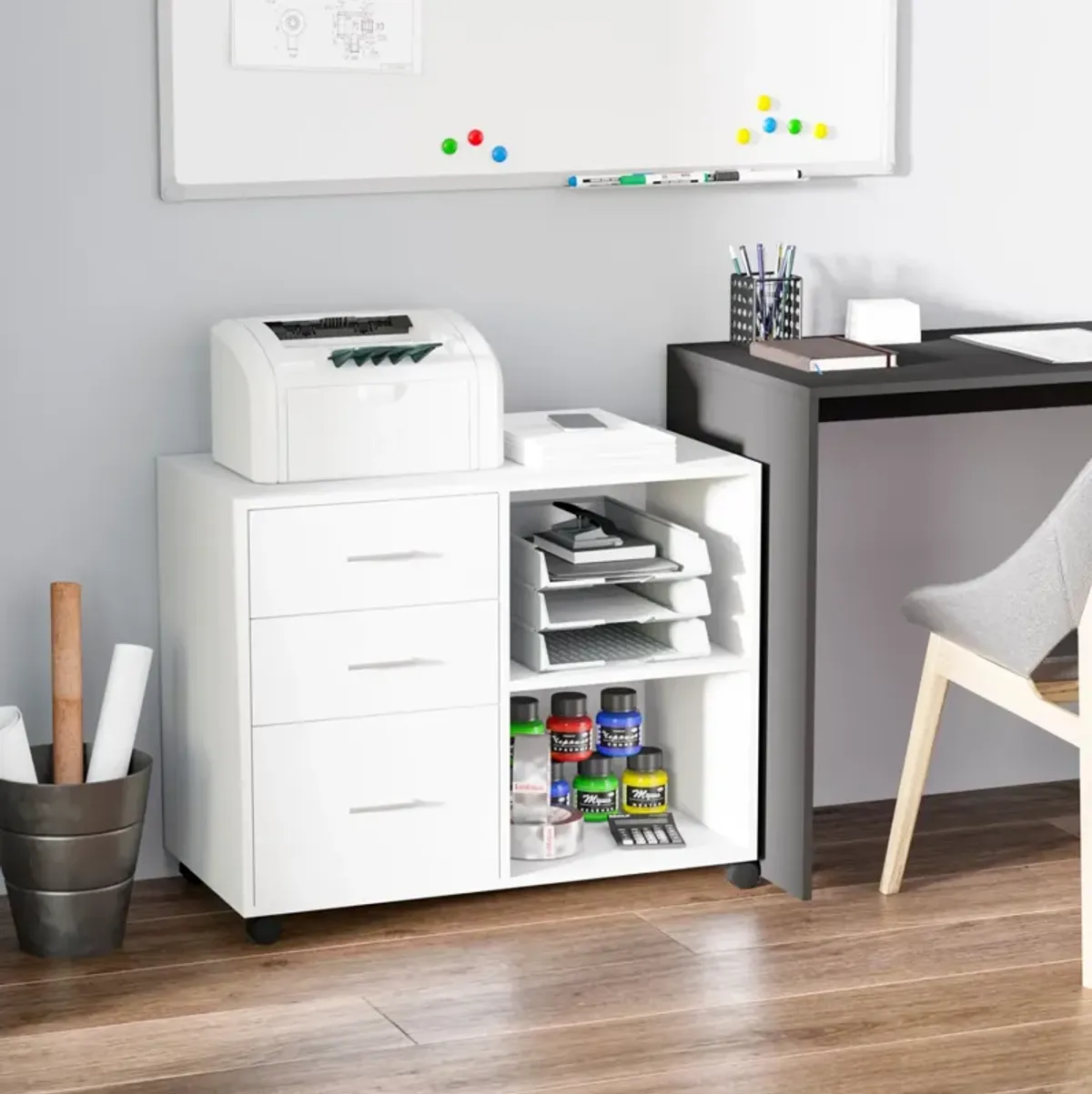 White Printer Organizer: Mobile Stand with Lateral File Cabinet