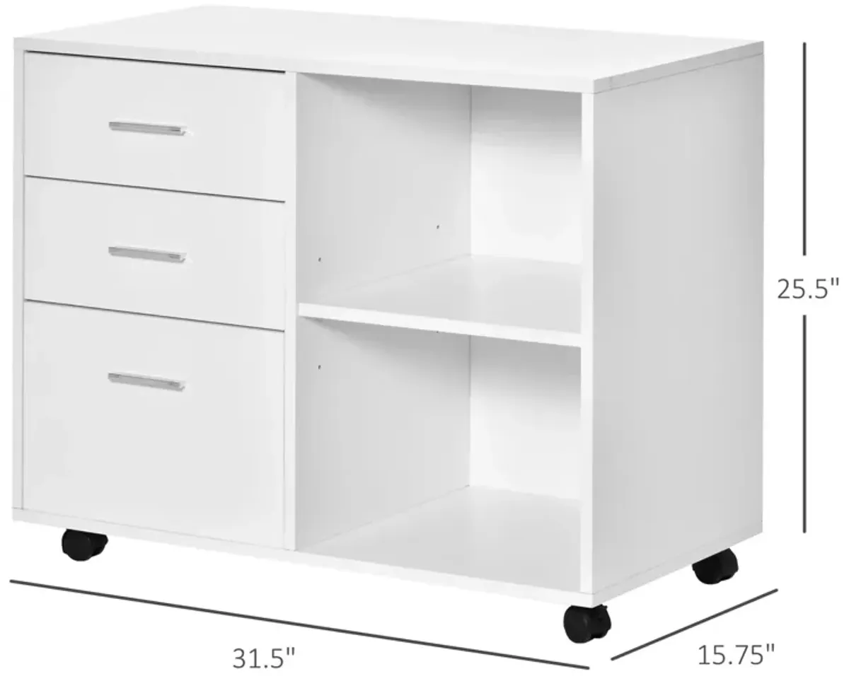 White Printer Organizer: Mobile Stand with Lateral File Cabinet