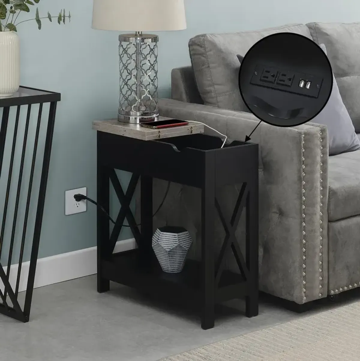 Convenience Concepts Oxford Flip Top End Table with Charging Station and Shelf, Gray