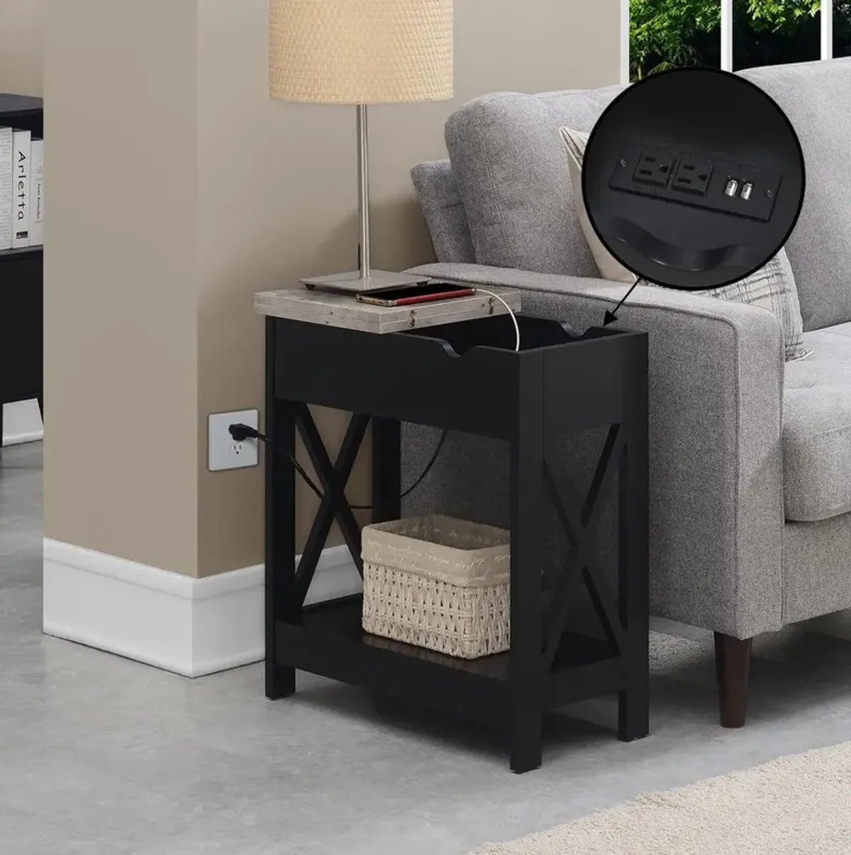 Convenience Concepts Oxford Flip Top End Table with Charging Station and Shelf, Gray