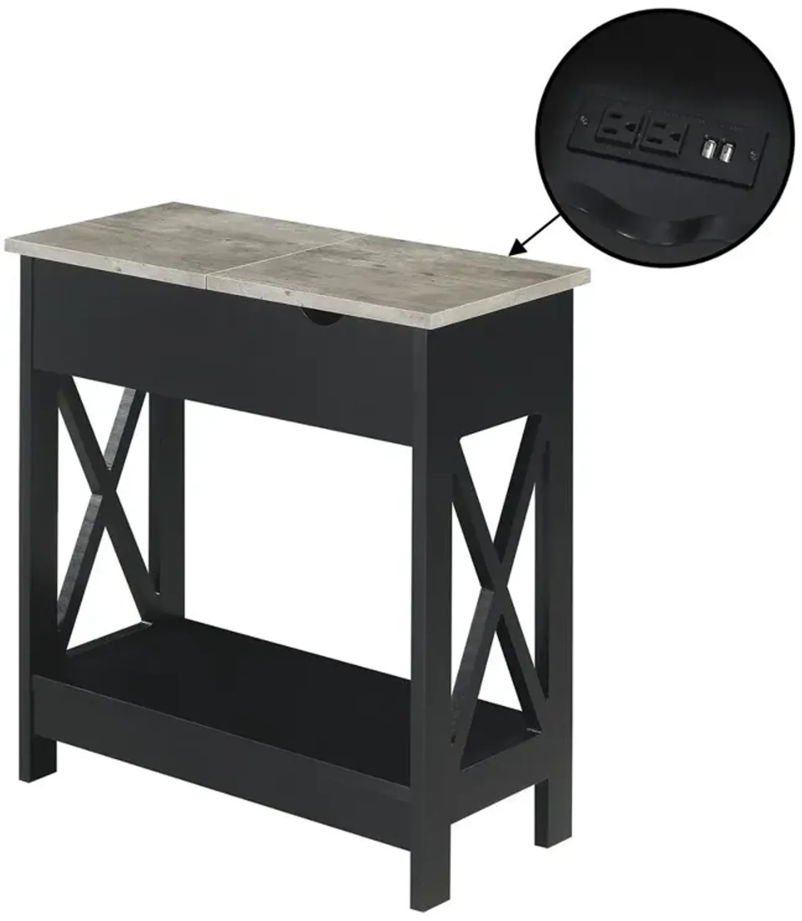 Convenience Concepts Oxford Flip Top End Table with Charging Station and Shelf, Gray