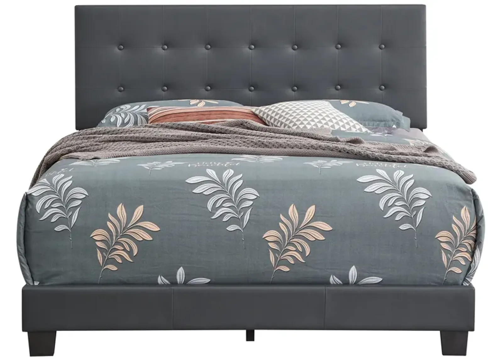 Caldwell Dark Grey Faux Leather Button Tufted Queen Panel Bed