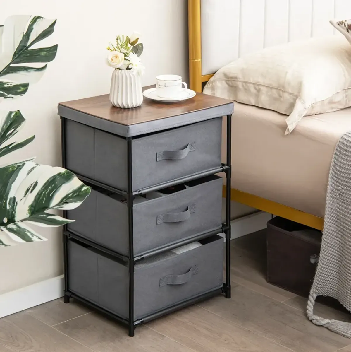 3-Tier Fabric Nightstand with Sturdy Metal Frame-Gray