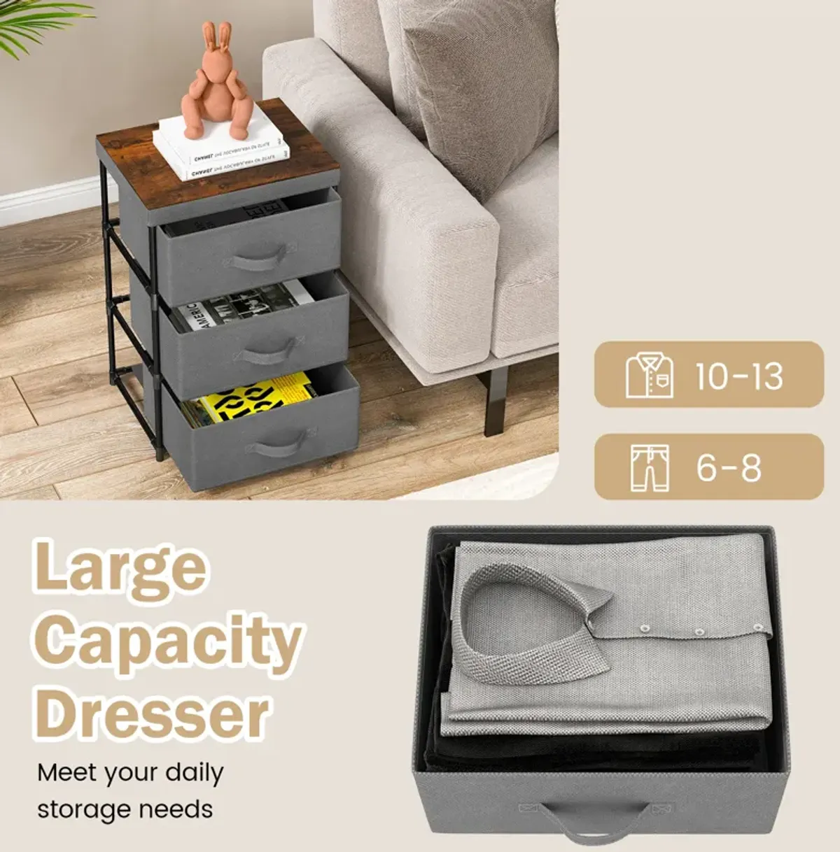 3-Tier Fabric Nightstand with Sturdy Metal Frame-Gray