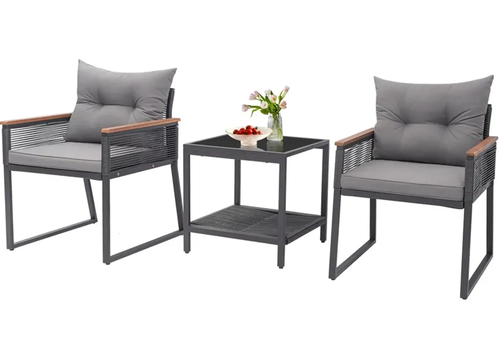 3 Pieces Patio Furniture Set with 2 Tier Coffee Table and Soft Seat Cushions-Grey