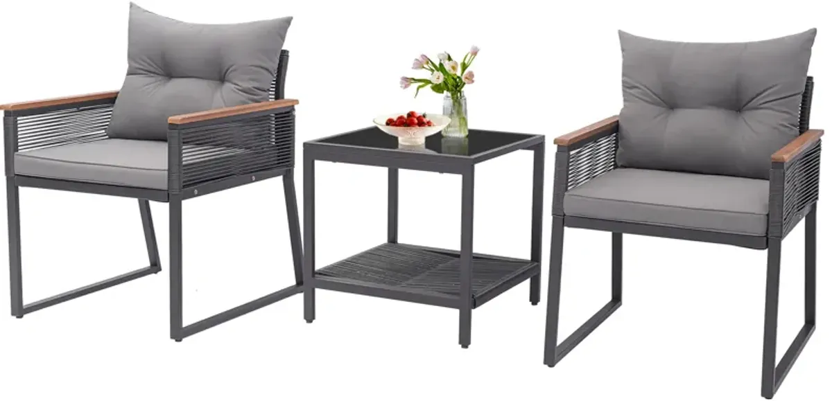 3 Pieces Patio Furniture Set with 2 Tier Coffee Table and Soft Seat Cushions-Grey