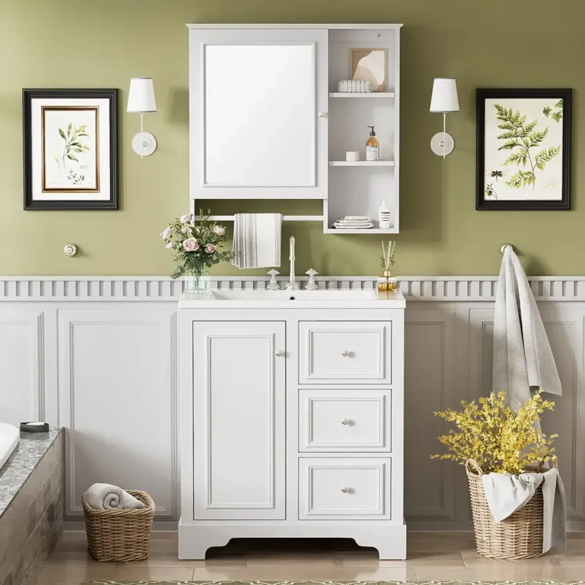 Elegant 30-inch Bathroom Vanity: Durable Ceramic Sink and Mirror Cabinet