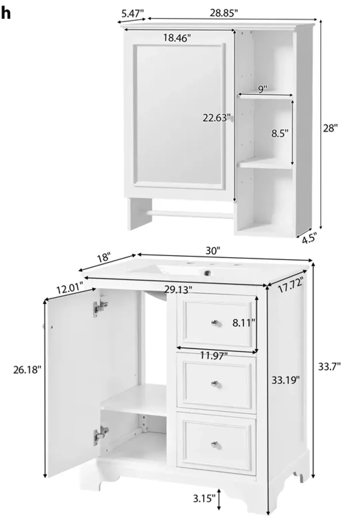 Elegant 30-inch Bathroom Vanity: Durable Ceramic Sink and Mirror Cabinet