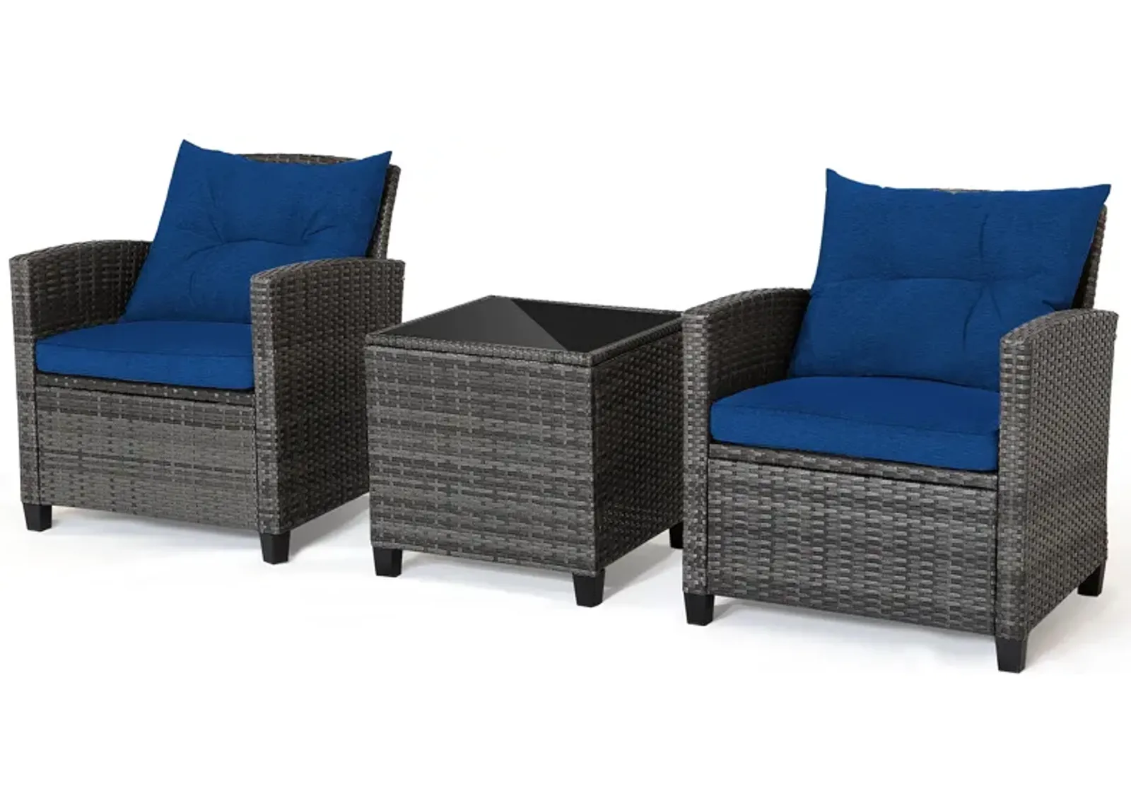 3 Pieces Outdoor Wicker Conversation Set with Tempered Glass Tabletop