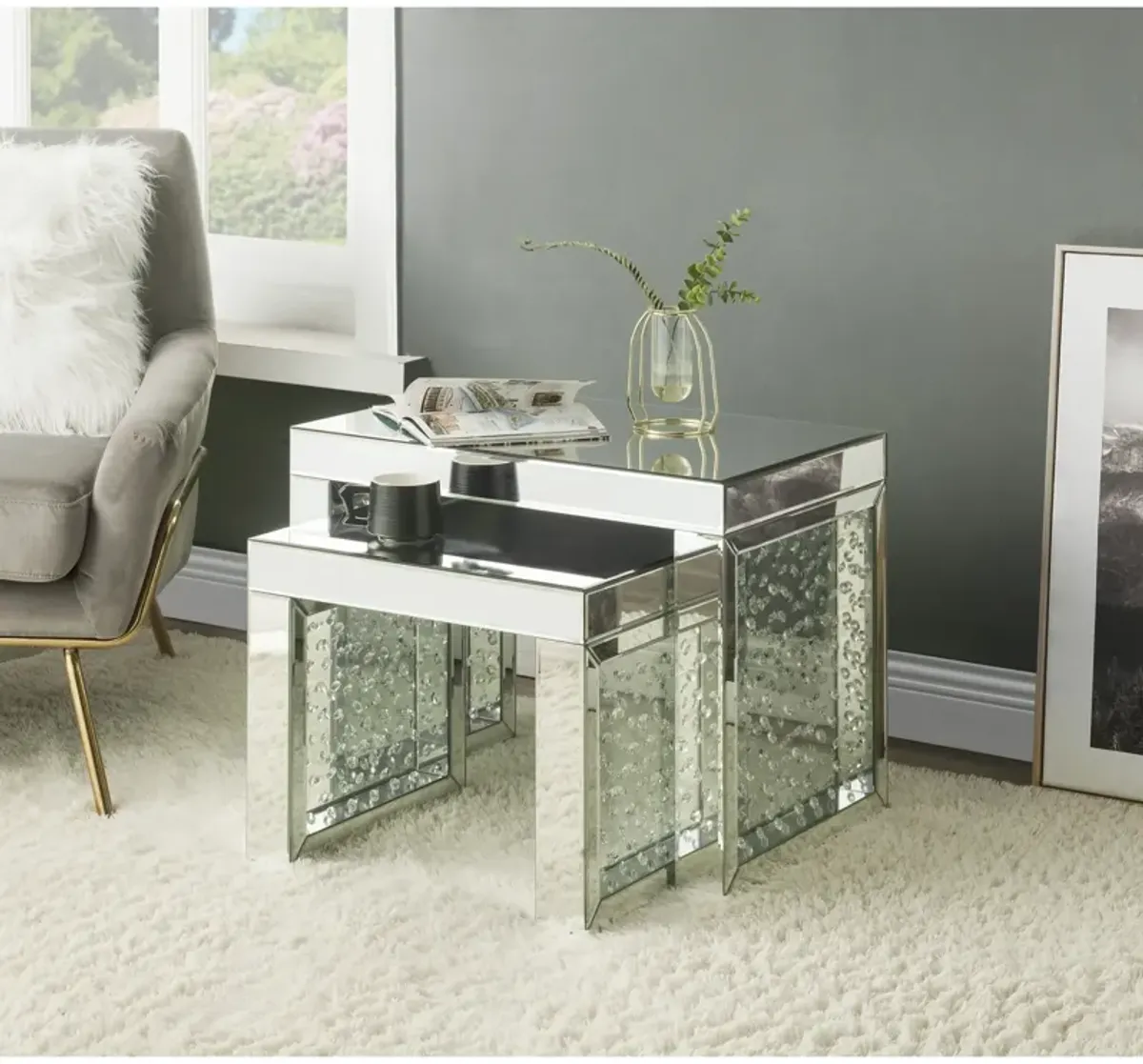 Acme Nysa Glass Top Accent Table in Mirrored and Faux Crystals Inlay