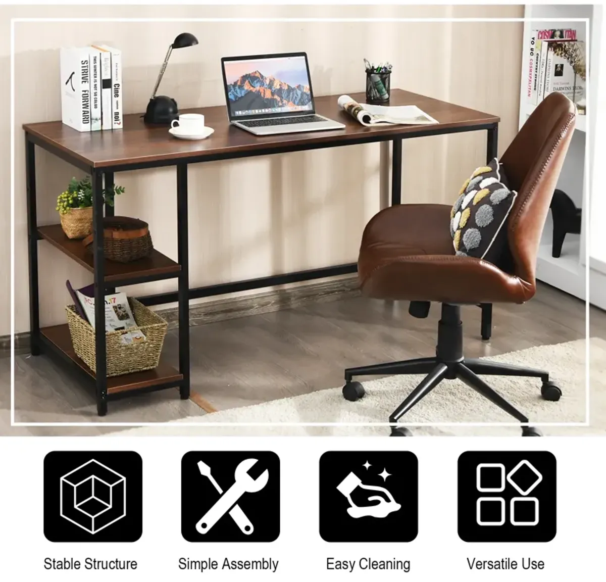 Costway 55'' Computer Desk Office Study Table Workstation Home w/ Adjustable Shelf Rustic Brown