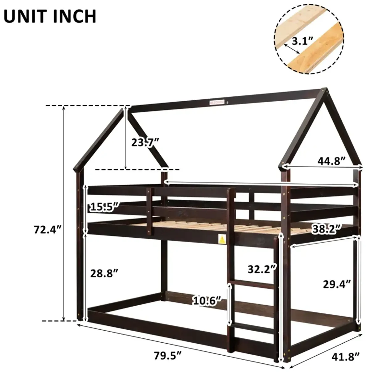 Twin Over Twin Loft Bed With Roof Design, Safety Guardrail, Ladder