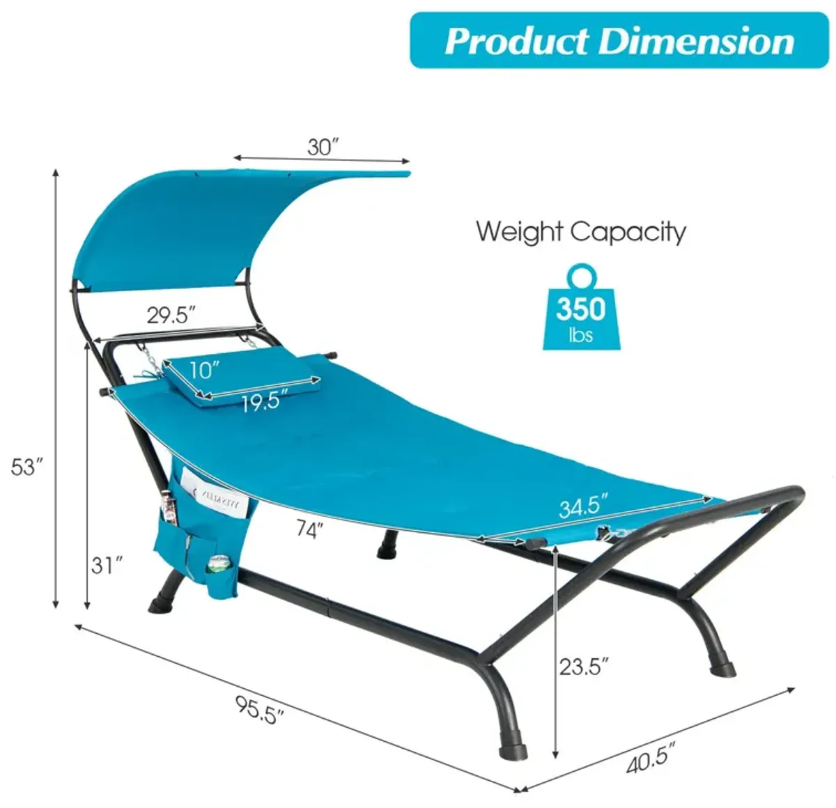 Patio Hanging Chaise Lounge Chair with Canopy Cushion Pillow and Storage Bag