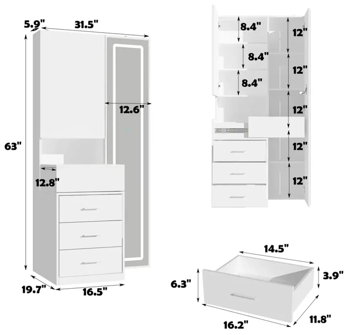 FUFU&GAGA Multi-Functional Makeup Vanity with Mirror, Drawers, and Shelves, (31.5" W x 19.7" D x 63" H),White