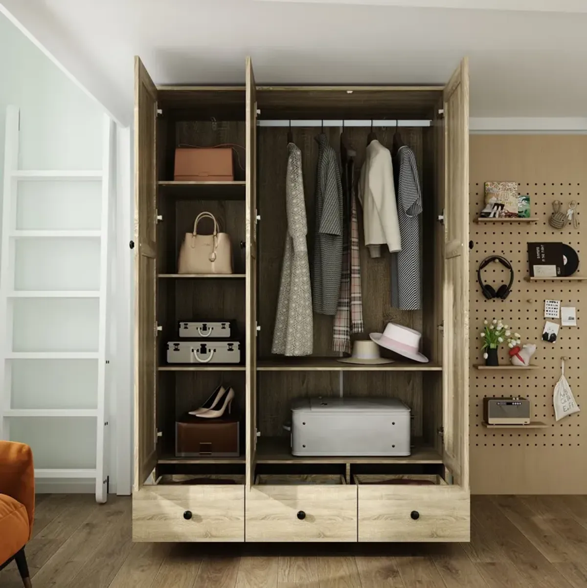 FUFU&GAGA Natural Wood Wardrobe with Shelves, Drawers, and Hanging Space, (47.2" W x 18.9" D x 70.9" H)，Brown