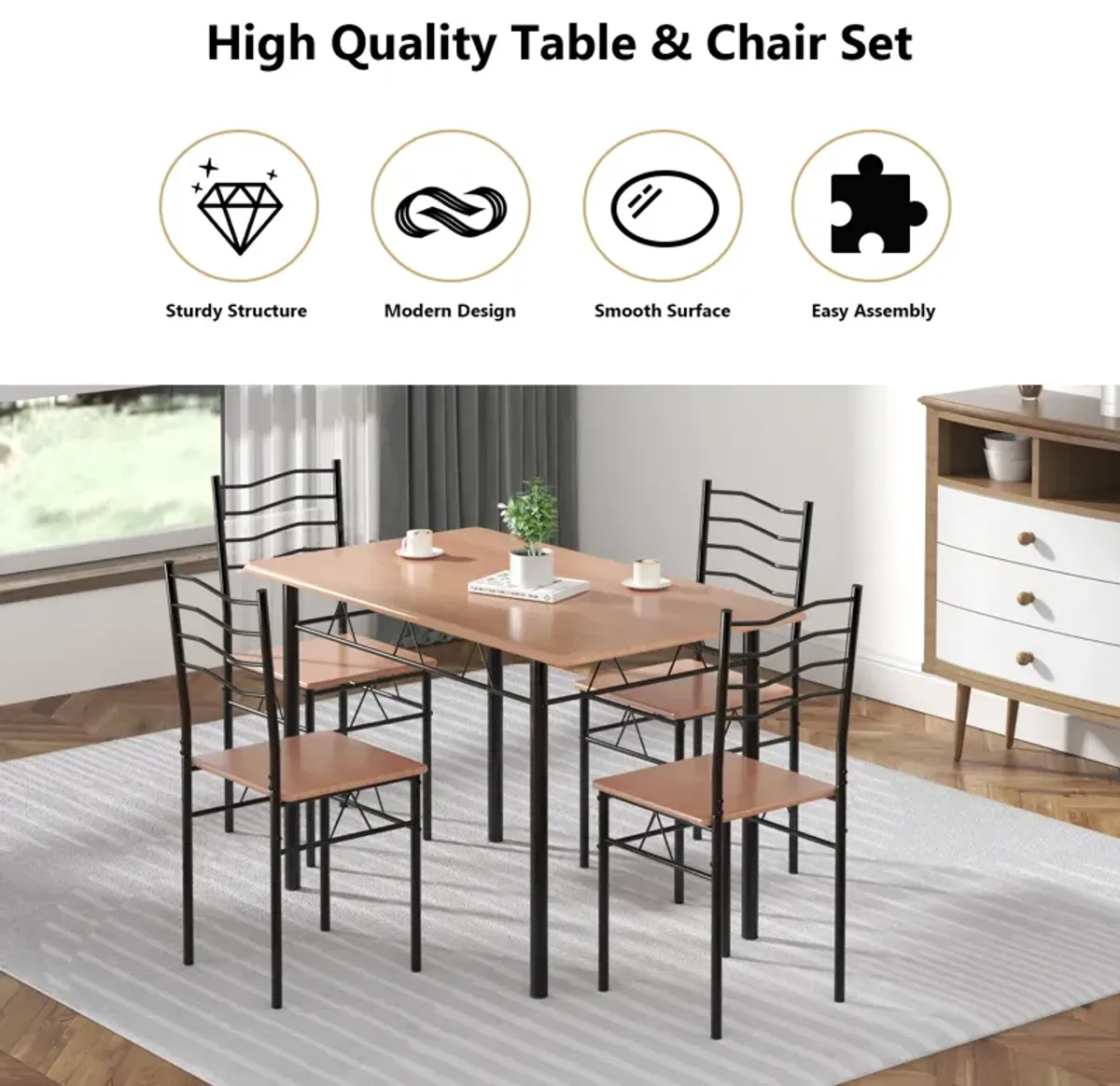 5 Pieces Wood Metal Dining Table Set with 4 Chairs