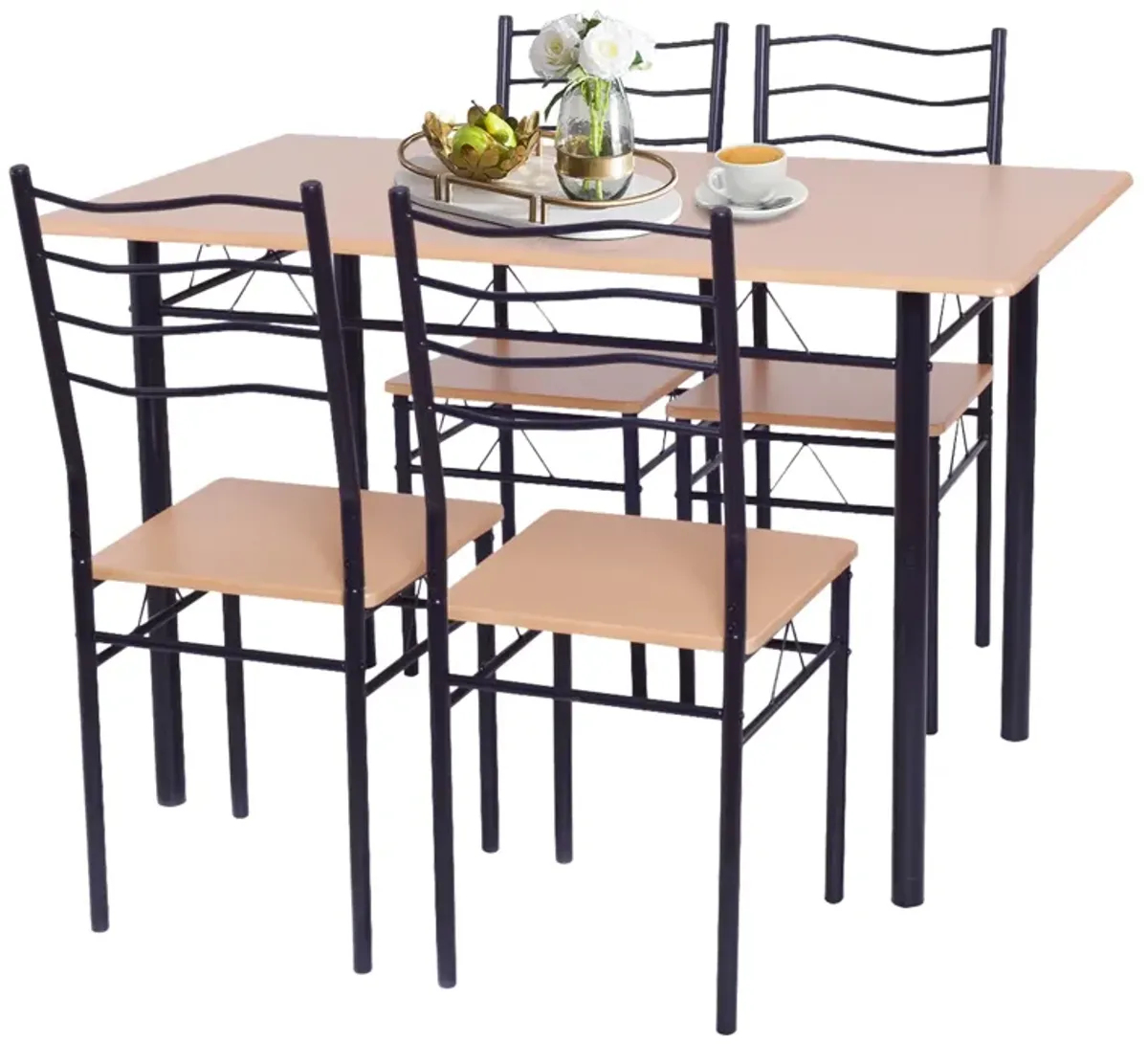 5 Pieces Wood Metal Dining Table Set with 4 Chairs