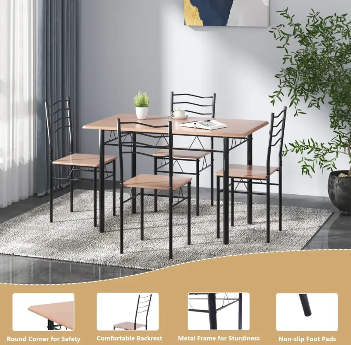 5 Pieces Wood Metal Dining Table Set with 4 Chairs