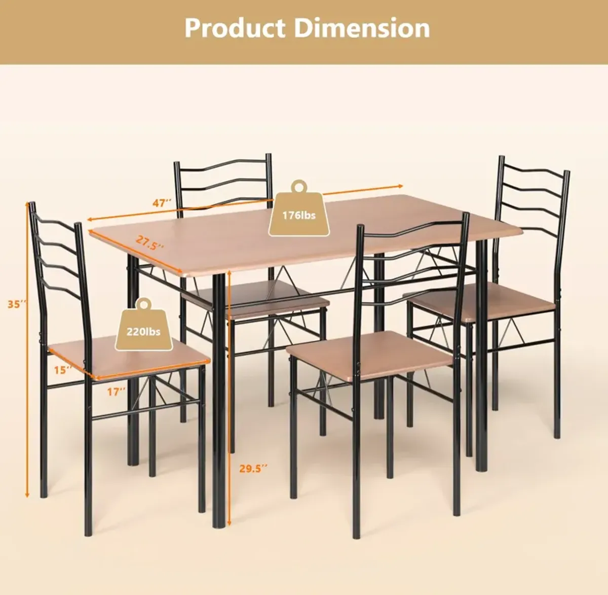 5 Pieces Wood Metal Dining Table Set with 4 Chairs