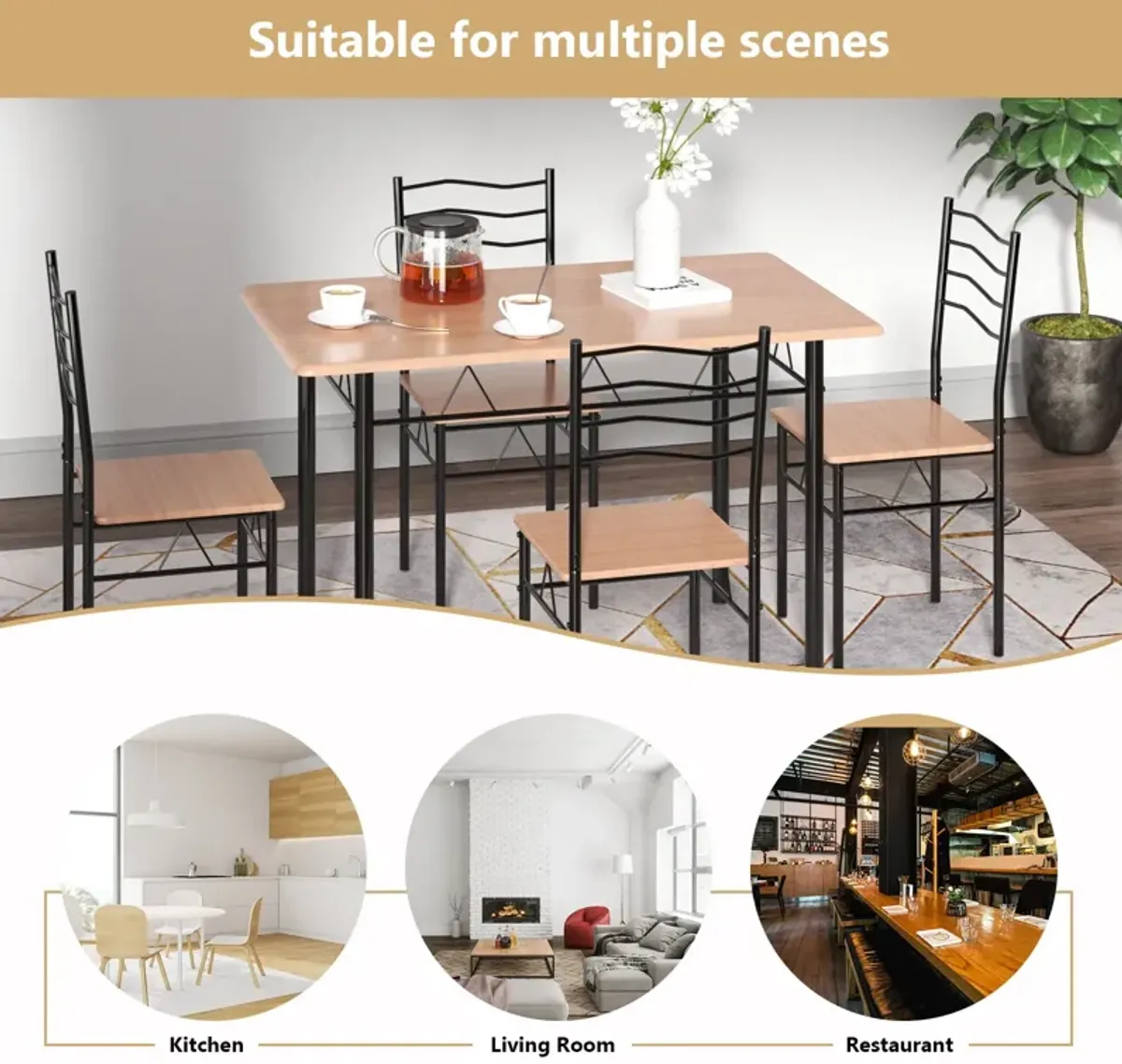 5 Pieces Wood Metal Dining Table Set with 4 Chairs