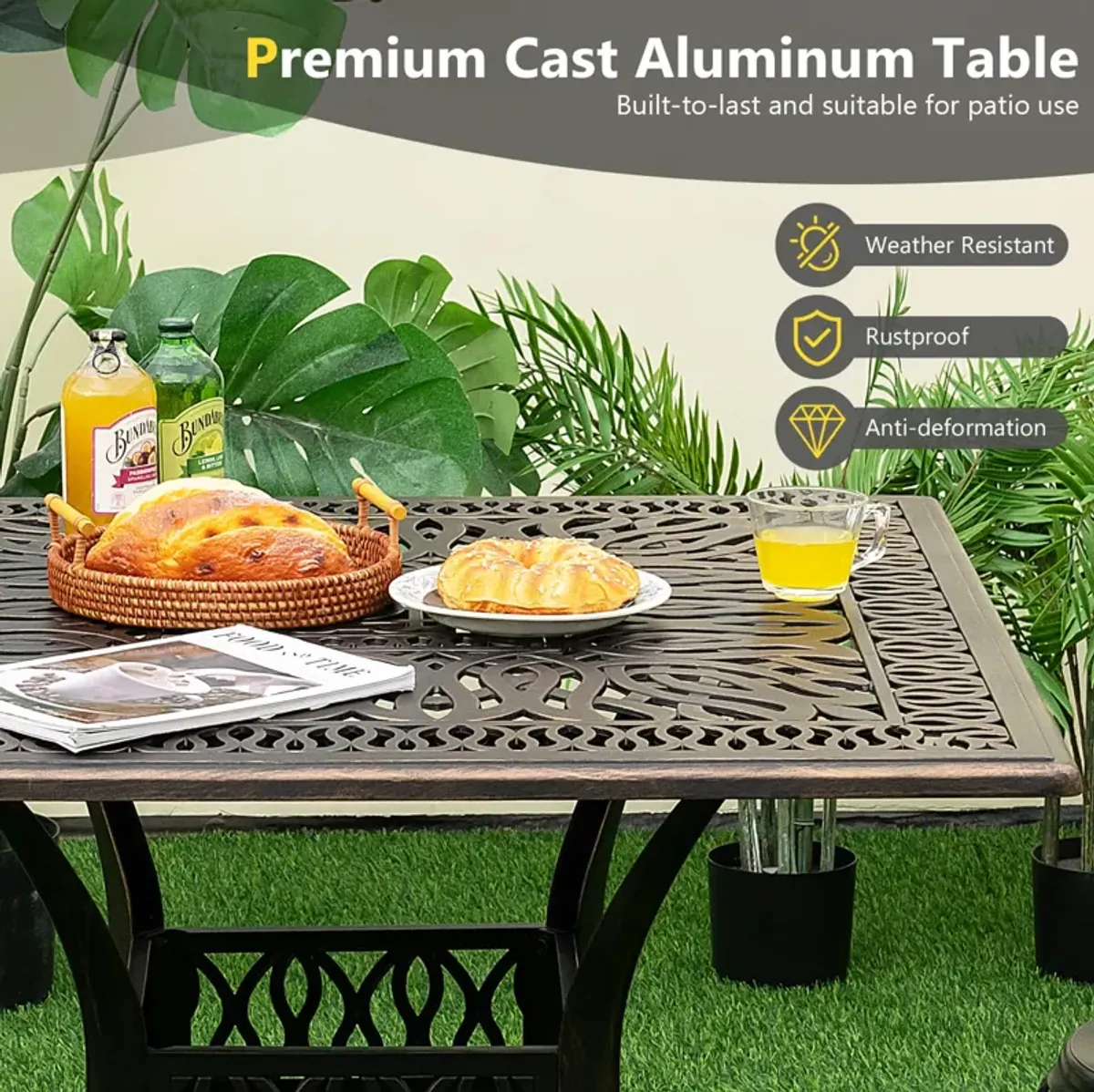 35.4 Inch Aluminum Patio Square Dining Table with Umbrella Hole