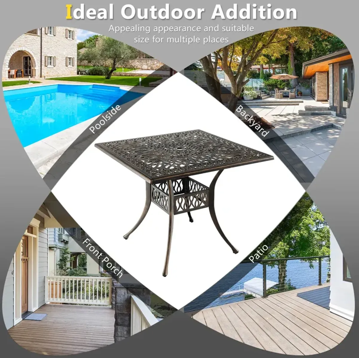 35.4 Inch Aluminum Patio Square Dining Table with Umbrella Hole