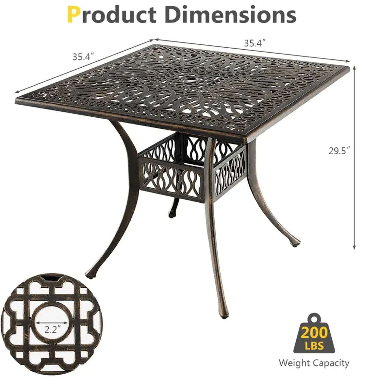 35.4 Inch Aluminum Patio Square Dining Table with Umbrella Hole