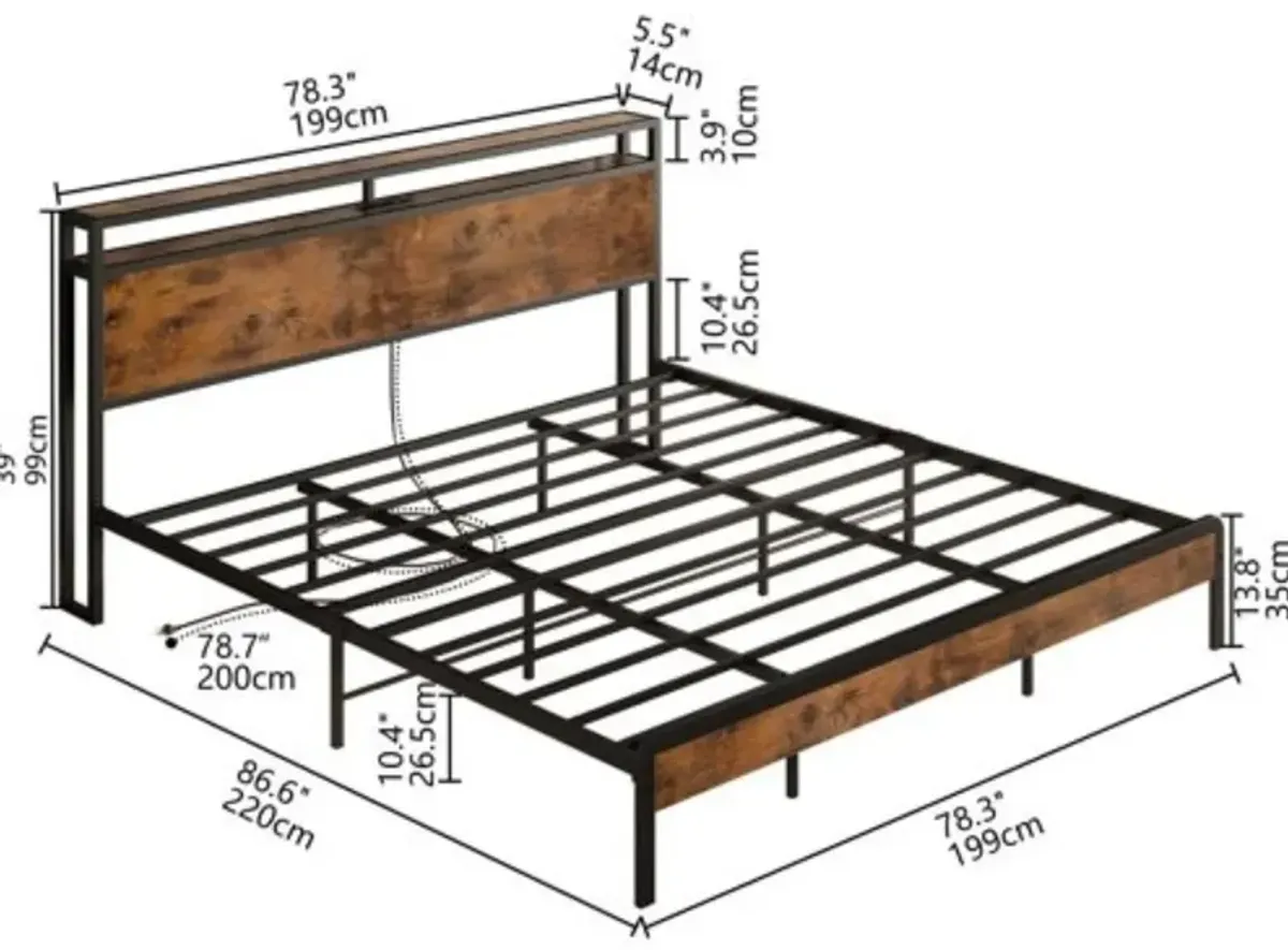 Hivvago King Size Industrial Platform Bed Frame with Storage Headboard and Power Outlets