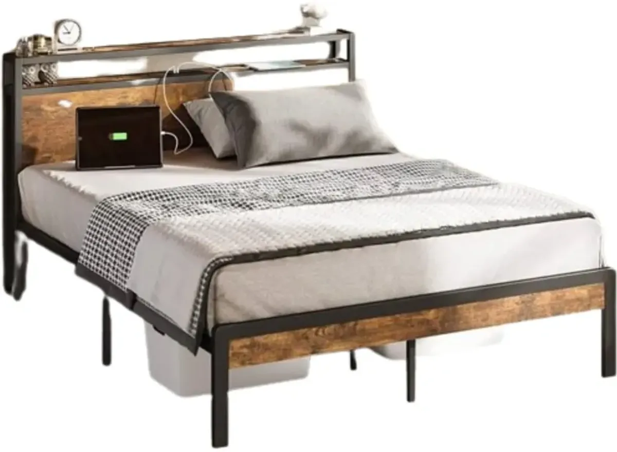 Hivvago King Size Industrial Platform Bed Frame with Storage Headboard and Power Outlets