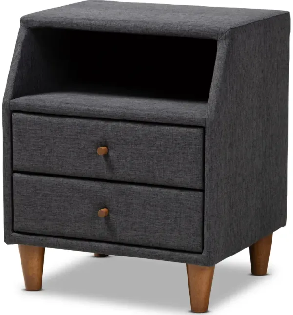 Baxton Studio Claverie Mid-Century Modern Charcoal Fabric Upholstered 2-Drawer Wood Nightstand