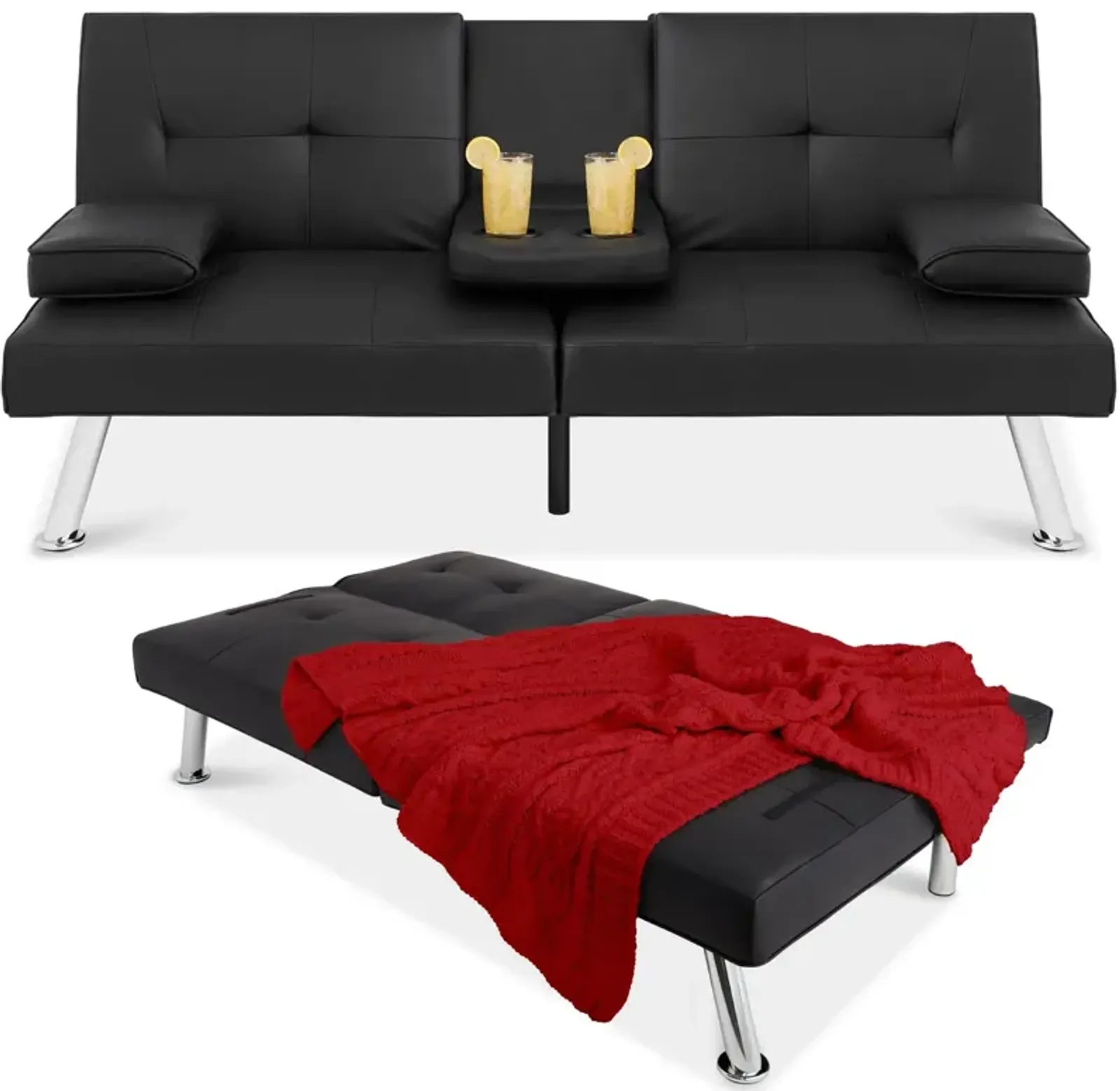 Hivvago Black Faux Leather Convertible Sofa Futon with 2 Cup Holders