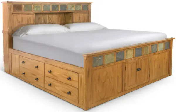 Marv King Size Bed, Storage Footboard, Bookcase Headboard, Light Brown - Benzara