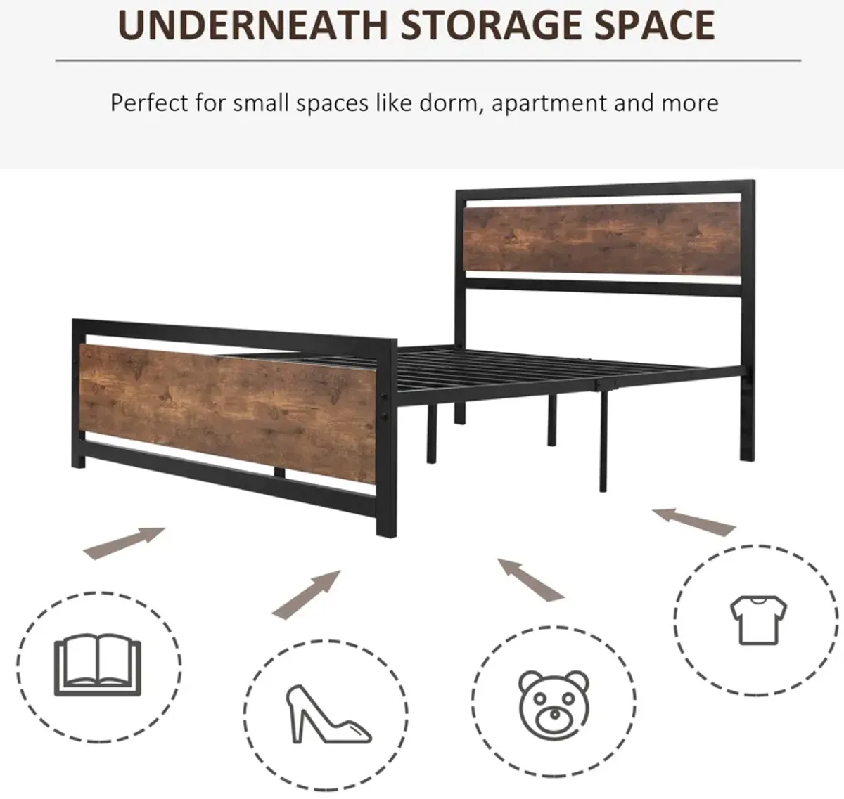 Full Bed Frame with Headboard & Footboard, Strong Slat Support Twin Size Metal Bed, Underbed Storage Space